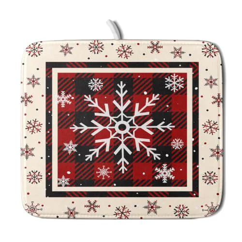 Unique 16 x18 Christmas Snowflakes Dish Drying Mat Xmas Red Black Buffalo Plaids Winter Snow Dish Drainer Mats Microfiber Reversible Dish Drying Rack Pad for Kitchen Countertop Tabletop Decor High-Quality