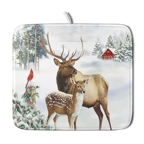Optimized Winter Deer Dish Drying Mat 16 x18 Xmas Tree Bird Holly Berry Dish Drainer Mats Elk Moose Snow Cottage Farmhouse Reversible Small Dish Drying Pad Protector for Kitchen Countertop Decor Selected
