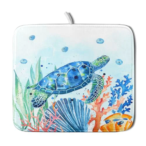 Sustainable Sea Turtle Dish Drying Mat 16x18in Watercolor Blue Tortoise Dish Drainer Mats Nautical Ocean Coral Seashell Seaweed Microfiber Dish Drying Pad for Kitchen Countertop Small Decor Genuine