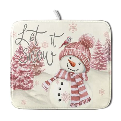 Certified Pink Snowman Dish Drying Mat Xmas Trees Bird Winter Snowy Scene Dish Drainer Mats 16 x18 Microfiber Reversible Dish Drying Rack Pad Protector for Kitchen Countertop Decor Healthy