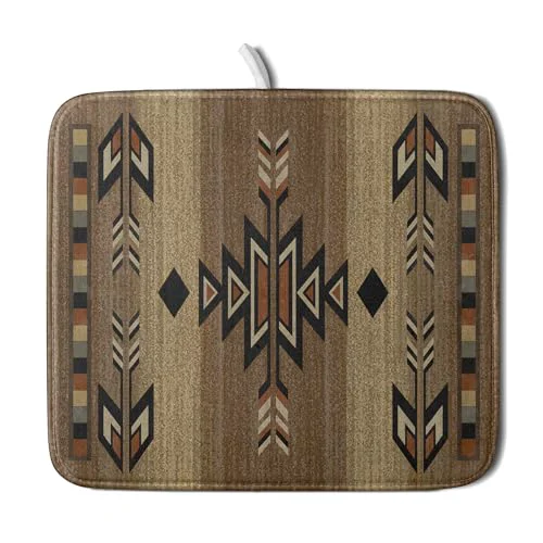 Original 16 x18 Southwestern Dish Drying Mat Rustic Brown Tribal Ethnic Small Dish Drainer Mats Antique Native American Absorbent Microfiber Dish Drying Pad for Kitchen Countertop Decor Expertly Made