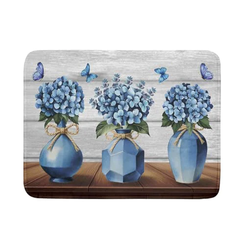 Healthy Blue Hydrangea Dish Drying Mat for Kitchen Vintage Wood Board Floral Butterfly Dish Drainer Mats 18x24inch Rustic Flowers Dish Drying Rack Pad Protector for Countertop Dining Decor Artisan
