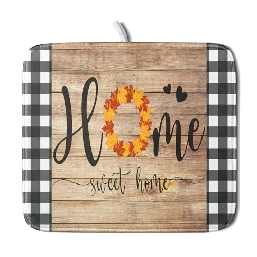 World-Class Home Sweet Home Dish Drying Mat 16×18 Inch Fall Autumn Maple Leaf Wreath Dish Drainer Mats Rustic Brown Wood Board Microfiber Dish Drying Rack Pad for Kitchen Countertop Farmhouse Decor Minimalist