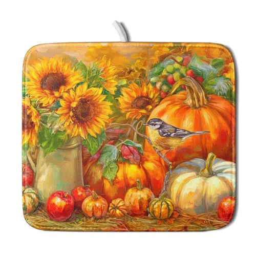 Expertly Made Vintage Fall Autumn Dish Drying Mat 16 x18 Small Rustic Pumpkin Sunflower Bird Dish Drainer Mats Thanksgiving Farmhouse Reversible Dish Drying Pad for Kitchen Countertop Dining Room First-Class