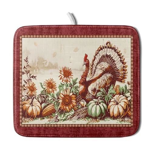 Contemporary Rustic Turkey Dish Drying Mat for Kitchen Countertop 16×18 inch Fall Thanksgiving Pumpkin Sunflowers Harvest Dish Drainer Mats Fast Drying Farmhouse Country Style Dish Drying Pad Holiday Decor Genuine