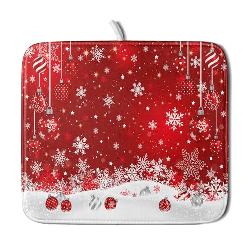 World-Class Xmas Balls Dish Drying Mat for Kitchen Countertop Winter Red White Snowflakes Dish Drainer Mats 16x18inch Reversible Dish Drying Rack Pad Protector for Dining Holiday New Year Decor Stylish