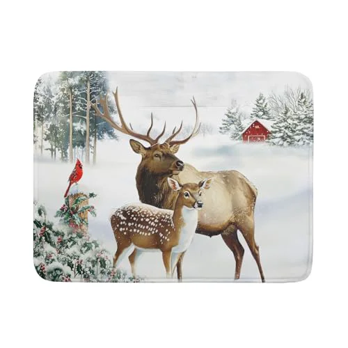 Eco-Friendly Winter Deer Dish Drying Mat 18 x24 Xmas Tree Bird Holly Berry Dish Drainer Mats Elk Moose Snow Cottage Farmhouse Reversible Large Dish Drying Pad Protector for Kitchen Countertop Decor Luxury