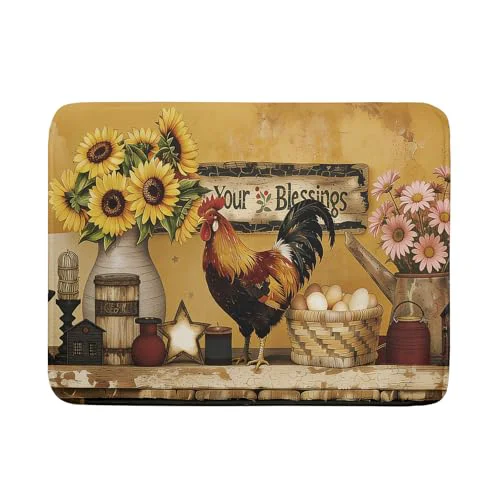 Certified Farmhouse Rooster Dish Drying Mat Vintage Chicken Sunflowers Dish Drainer Mats 18 x24 Rustic Primitive Microfiber Reversible Dish Drying Rack Pad Protector for Kitchen Countertop Decor Modern