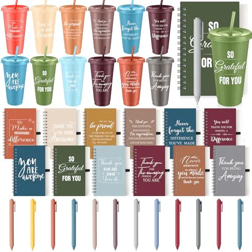 Reusable 36 Pcs Employee Appreciation Gifts Bulk 24 oz Thank You Tumbler with Lid and Straw Mini Spiral Notebooks and Pens Appreciation Gifts for Team Employee Coworkers Teacher 36 Count Trendy