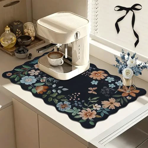 Certified Scalloped Bohemian Coffee Bar Mat Dish Drying Mats for Kitchen Counter Stylish