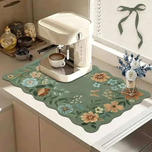 Exceptional Scalloped Bohemian Boho Floral Flower Coffee Bar Mat Dish Drying Mats for Kitchen Counter Traditional