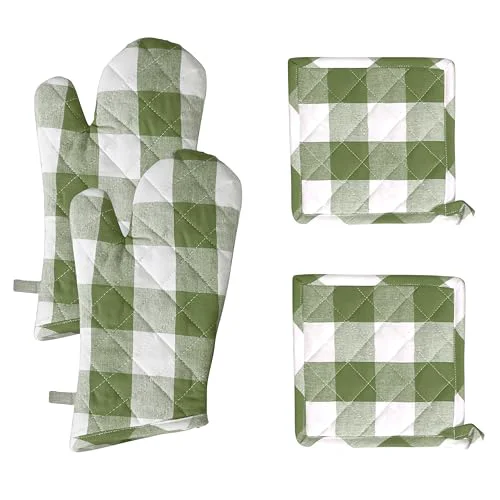 Luxury Buffalo Plaid Check Oven Mitts and Pot Holders Set of 4 4 Count Green