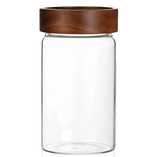 Detailed 26 oz 850 ml Clear Glass Storage Canister with Airtight Wooden Lid Reusable