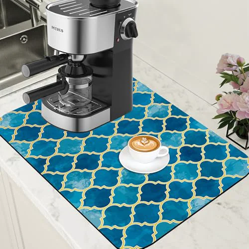 Long-Lasting Dish Drying Mat Blue Moroccan Tile Coffee Bar Mat for Countertop Absorbent Hide Stain Rubber Backed Dish Drainer Rack Pad Coffee Maker Espresso Machine Dining Room Decor 15.7 x 23.6 Inch Smart