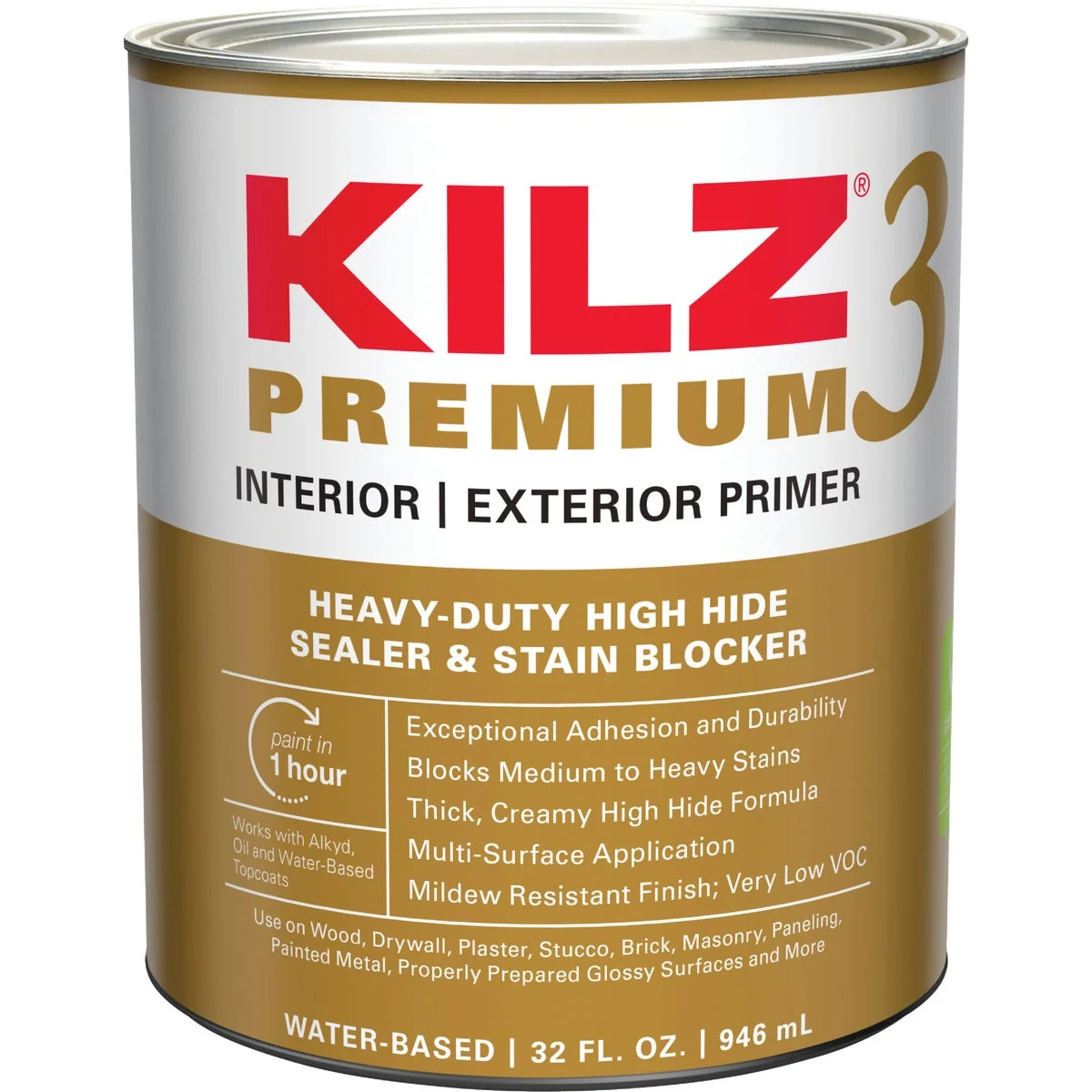 Exceptional KILZ 3 Premium Water-Base Interior Exterior Sealer Stain Blocking Primer White 1 Qt. Original Design
