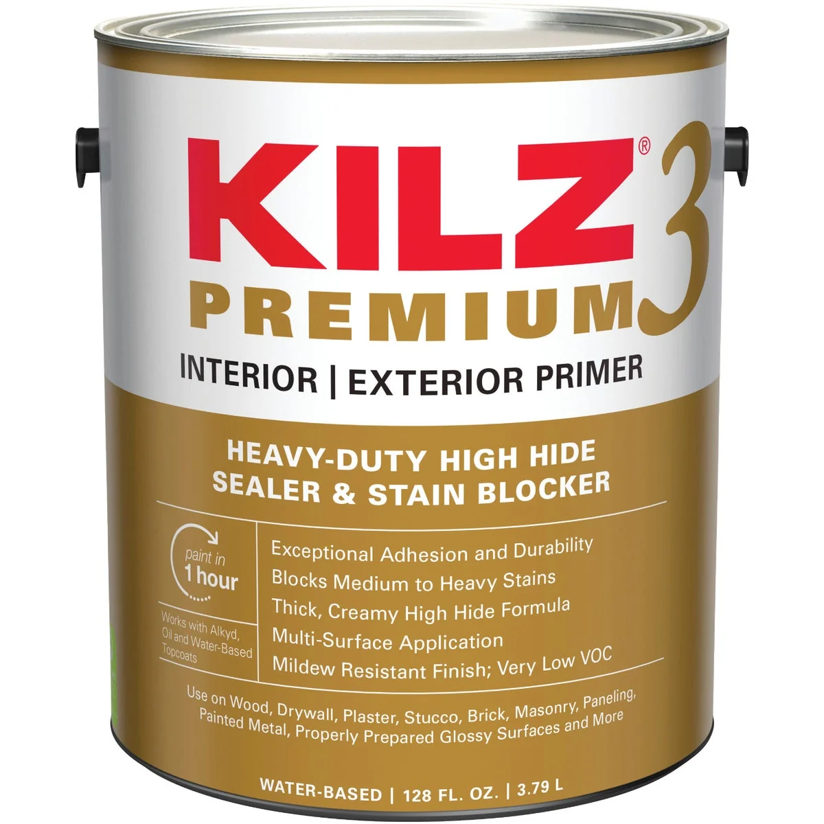 Eco-Friendly KILZ 3 Premium Water-Base Interior Exterior Sealer Stain Blocking Primer White 1 Gal. Safe