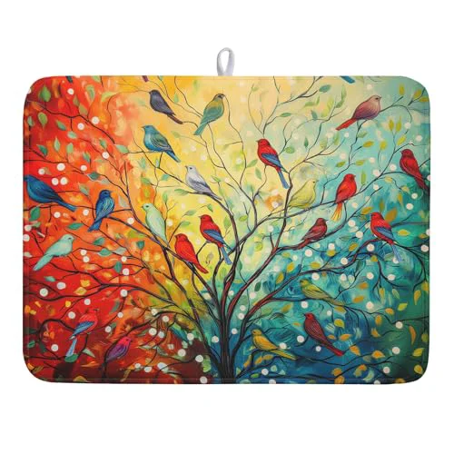 Eco-Friendly Dish Drying Mat for Kitchen Counter 18×24 Inch Summer Floral Birds Kitchen Drying Mat Fast Dry Absorbent Microfiber Dish Drainer Rack Pad Flower Mat for Countertop Decor Stylish