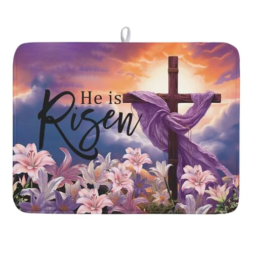 Sustainable Easter Cross He is Risen Dish Drying Mats 18×24 Inch Spring Drying Mat Absorbent Microfiber Dishes Pad Easter Lily Flowers Dish Drainer Mat Protector for Kitchen Countertops Fast Dry Tableware Carefully Designed