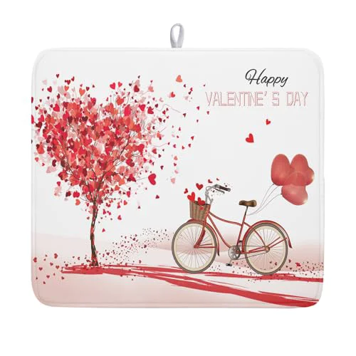 User-Friendly Romantic Valentine’s Day Dish Drying Mat for Kitchen Valentines Bike and Tree Dish Drying Pad 18×16 Absorbent Reversible Happy Valentine Dishes Drainer Pad Holiday Dish Drying Rack Mat for Countertop Reusable