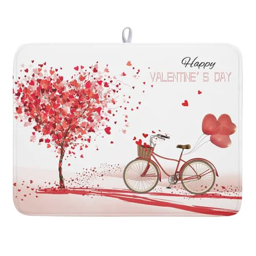 Trusted Romantic Valentine’s Day Dish Drying Mat for Kitchen Valentines Bike and Tree Dish Drying Pad 18×24 Absorbent Reversible Happy Valentine Dishes Drainer Pad Holiday Dish Drying Rack Mat for Countertop Casual