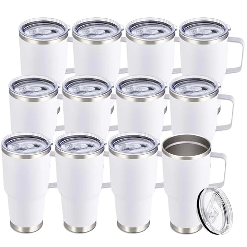 Environmentally Friendly 30 oz Stainless Steel Tumblers Bulk with Handle and Lid 12 Count Natural