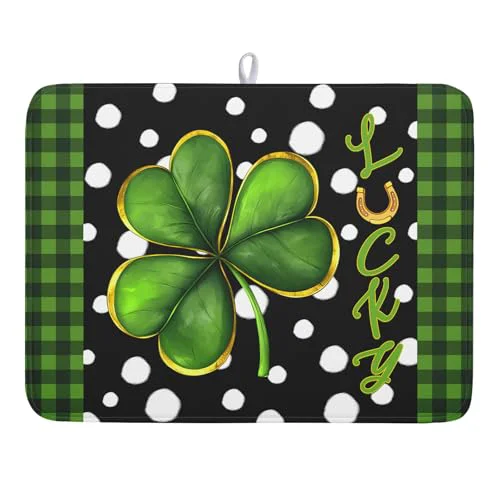High-End St. Patrick’s Day Dish Drying Mats 18×24 Inch Green Clover Shamrock Lucky Kitchen Mat Polka Dot Microfiber Drying Mats Ultra Absorbent Reversible Dishes Drying Rack Pad for Kitchen Countertops Innovative