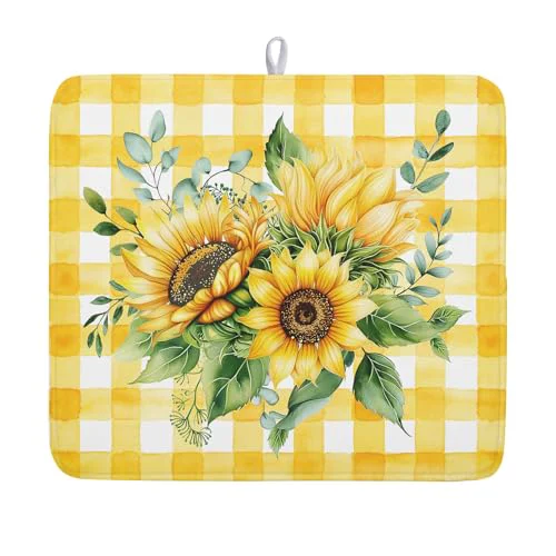 Selected Sunflower Dish Drying Mat 16×18 Inch Absorbent Reversible Summer Sunflower Drying Mat Summer Plaid Dish Drying Rack Mat Yellow Summer Themed Dish Drainer Mat for Kitchen Counter Coffee Bar Healthy