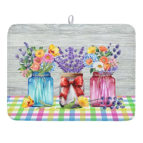 Functional Spring Summer Flowers Dish Drying Mat for Kitchen Counter 18 x24 Spring Floral Jars Drying Mat Soft Absorbent Microfiber Farmhouse Colorful Floral Dish Drainer Rack Mats for Counter tops Smooth