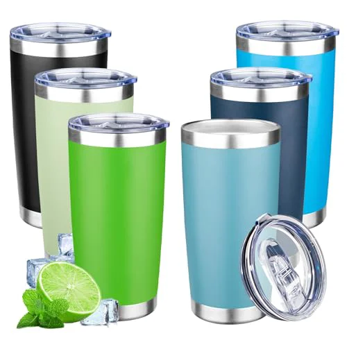 Comfortable 20oz Tumbler with Lid Double Wall Vacuum Insulated Travel Coffee Mug Stainless Steel Thermal Cup Powder Coated Sturdy Coffee Tumbler Bulk for Hot and Cold Beverages 6 Count Safe