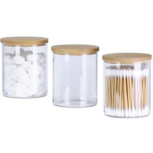 Innovative Glass Qtip Holder Dispenser with Bamboo Lid 3 Count Premium