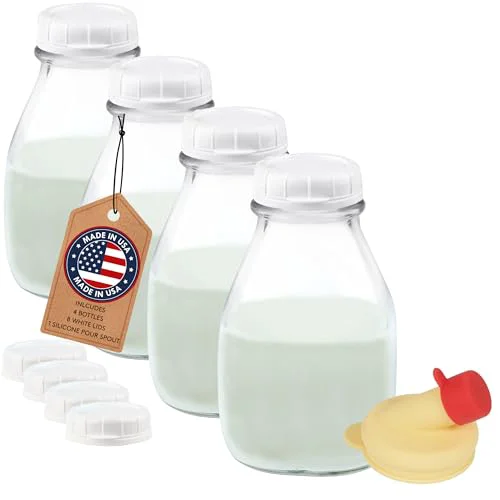 Sustainable 16 Oz Glass Milk Bottles with Lids 4 Count Environmentally Friendly