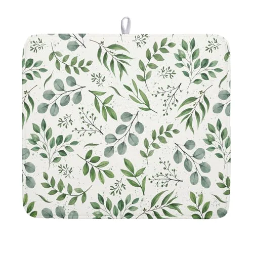 Long-Lasting Sage Green Dish Drying Mat 16×18 In Absorbent Reversible Eucalyptus Leaves Plant Drying Mat Green Plant Dish Drying Rack Mat Spring Summer Themed Dish Drainer Mat for Kitchen Counter Coffee Bar Convenient