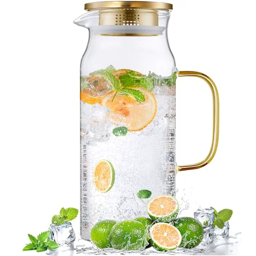 High-Quality 2 Liter 68 oz Gold Glass Pitcher with Lid and Handle Recyclable