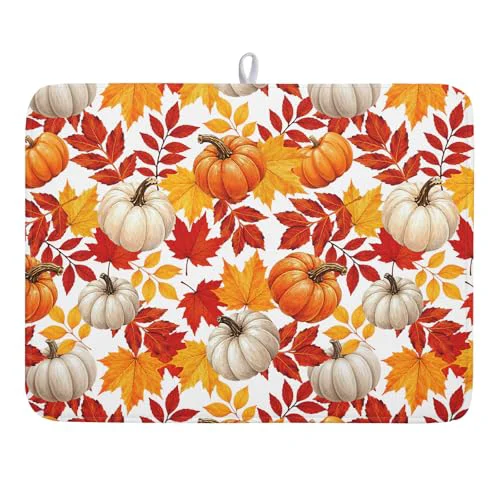 Sustainable Fall Pumpkin Dish Drying Mat for Kitchen Counter 18×24 Inch Autumn Pumpkins Maple Leaves Drying Mats Thanksgiving Absorbent Reversible Dish Pad Fast Dry Drainer Mat Protector for Countertop Coffee Bar Fine Crafted
