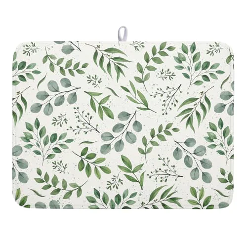 Traditional Sage Green Dish Drying Mat 18×24 In Absorbent Reversible Eucalyptus Leaves Plant Drying Mat Green Plant Dish Drying Rack Mat Spring Summer Themed Dish Drainer Mat for Kitchen Counter Coffee Bar Selected