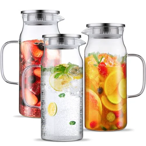 Superior 3 Pack 2 Liter 68 oz 2.1 Qt Glass Pitcher with Lid and Handle 3 Count High-Grade