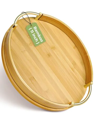 Casual 11.8″ Round Bamboo Serving Tray with Handles Comfortable
