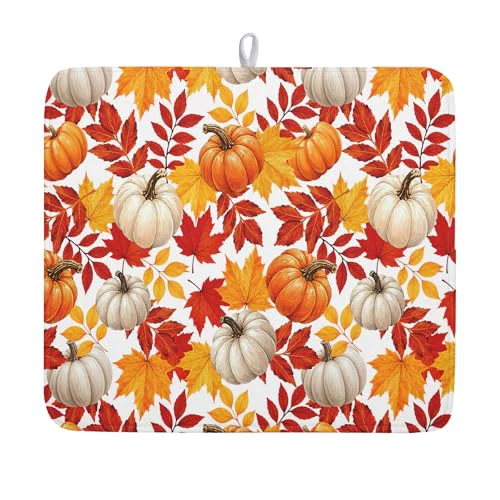 Official Fall Pumpkin Dish Drying Mat for Kitchen Counter 16×18 Inch Autumn Pumpkins Maple Leaves Drying Mats Thanksgiving Absorbent Reversible Dish Pad Fast Dry Drainer Mat Protector for Countertop Coffee Bar Breathable