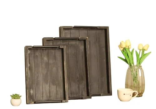Original Design 3Pc Rustic Black Vintage Nested Wood Serving Trays Authentic