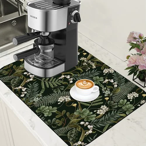 Exceptional White Flowers and Berries Coffee Mat Fern and Leaves Dish Drying Mat Absorbent Hide Stain Rubber Backed Coffee Bar Accessories Fit Under Espresso Machine Cafe Table World-Class