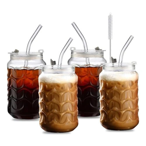 Clean 4 Pack 18oz Borosilicate Glass Cups with Leakproof Lids Straws 18 Count Contemporary
