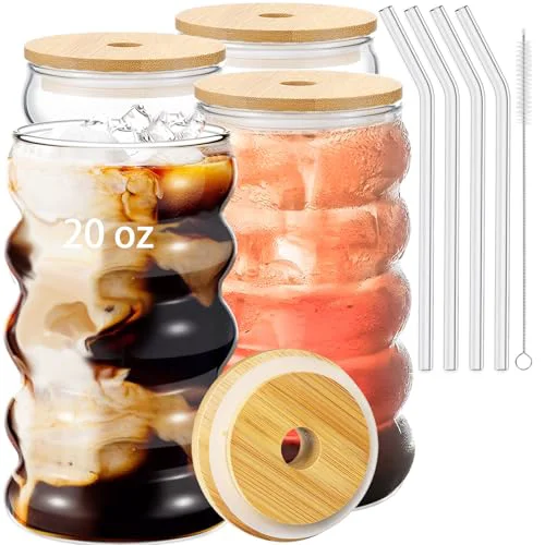 Optimized 4 Pcs 20oz Drinking Glasses Set with Bamboo Lids and Straws 4 Count Organic