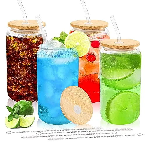 Effective 4pcs 16Oz Glass Cups with Bamboo Lids and Straws Drinking Glasses 4 Count Exceptional