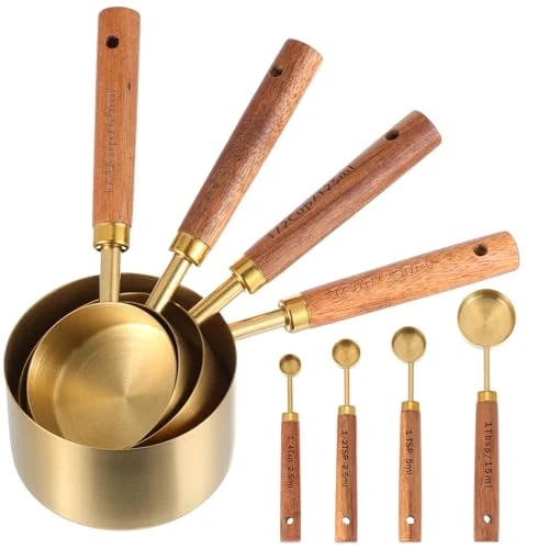 Convenient Stainless Steel Measuring Cups Set and Measuring Spoons Wooden Handle Metal Measure Cups and Spoons for Cooking and Baking High-Quality