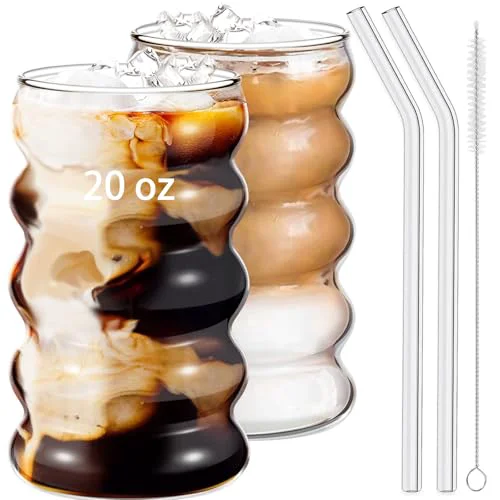 Fast 2 Pcs 20oz Drinking Glasses Set with Straws 2 Count Traditional