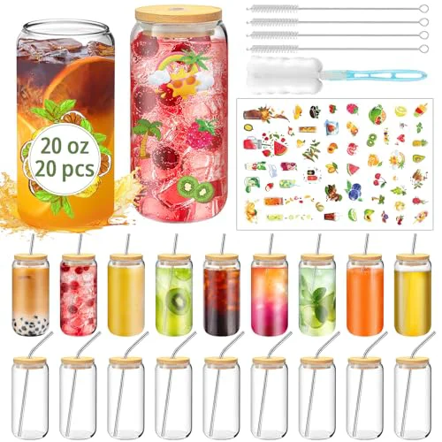 Original Design 20 OZ Can Shaped Glass Cups with Straws 20 Pack Glass Coffee Cups 20 Count Solid
