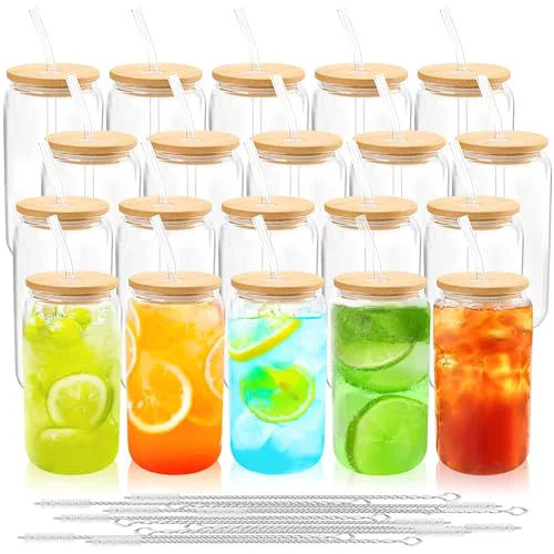 Specialty 20Pcs Glass Cups with Bamboo Lids and Straws Bulk 16 oz Can Shaped 20 Count Sophisticated