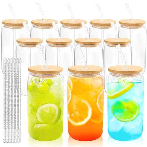 Sophisticated 12Pcs Glass Cups with Bamboo Lids and Straws Bulk 16 oz Can Shaped 12 Count Long-Lasting