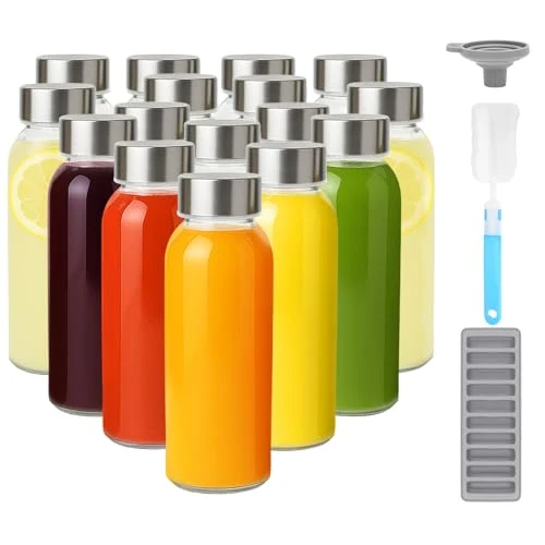 Top-Quality 10.5 oz Glass Juice Bottles with Stainless Steel Lid Bulk 16 Count Secure