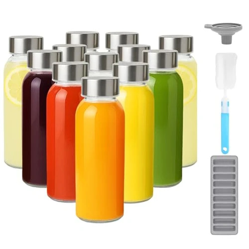 Excellent 10.5 oz Glass Juice Bottles with Stainless Steel Lid Bulk 12 Count Crafted